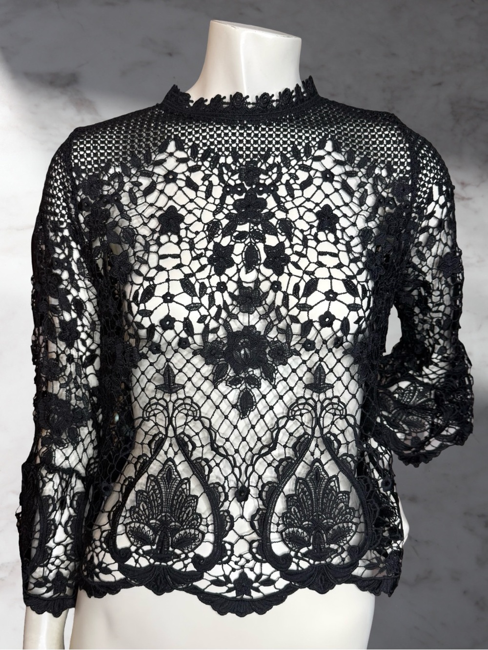 Project Runway Black Intricate Crochet Guipure Lace Mock Neck Blouse